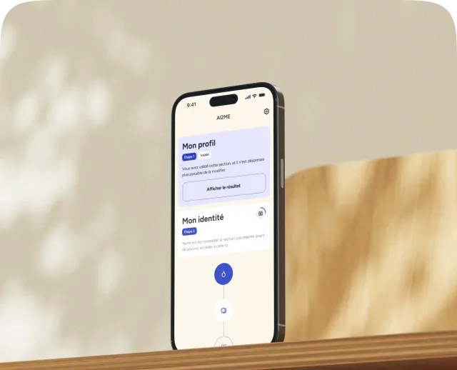 Smartphone displaying a French profile and identity verification app with progress steps on a wooden surface with blurred background.