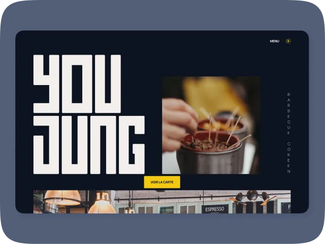 Website homepage for You Jung Korean barbecue featuring bold white text, a close-up of meat with skewers, and a yellow button labeled 'Voir la carte'.