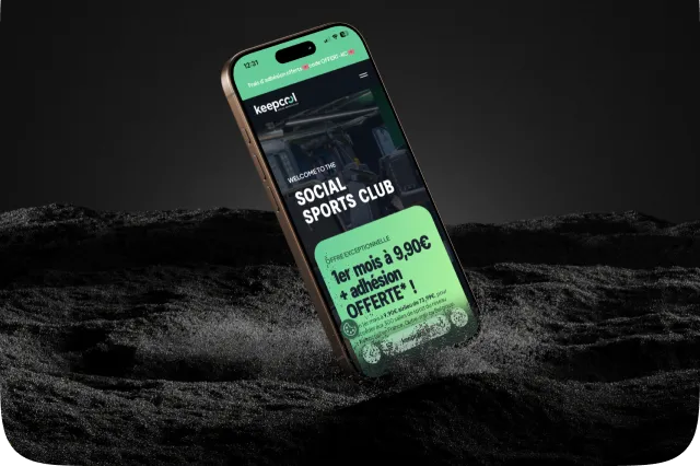 Smartphone displaying Keepcool website advertising a social sports club membership with the first month at 9.90€ plus free registration offer on a dark textured surface background.