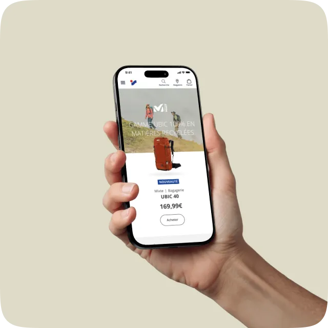 Hand holding a smartphone displaying a hikers backpack product page with a price of 169.99 euros on a beige background.