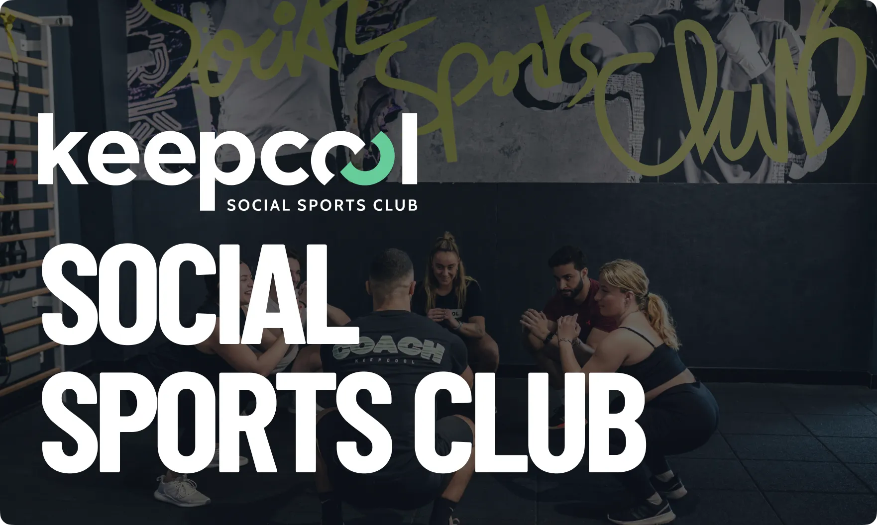 Group of people exercising together indoors under a mural reading 'Social Sports Club' with 'keepcool' logo.