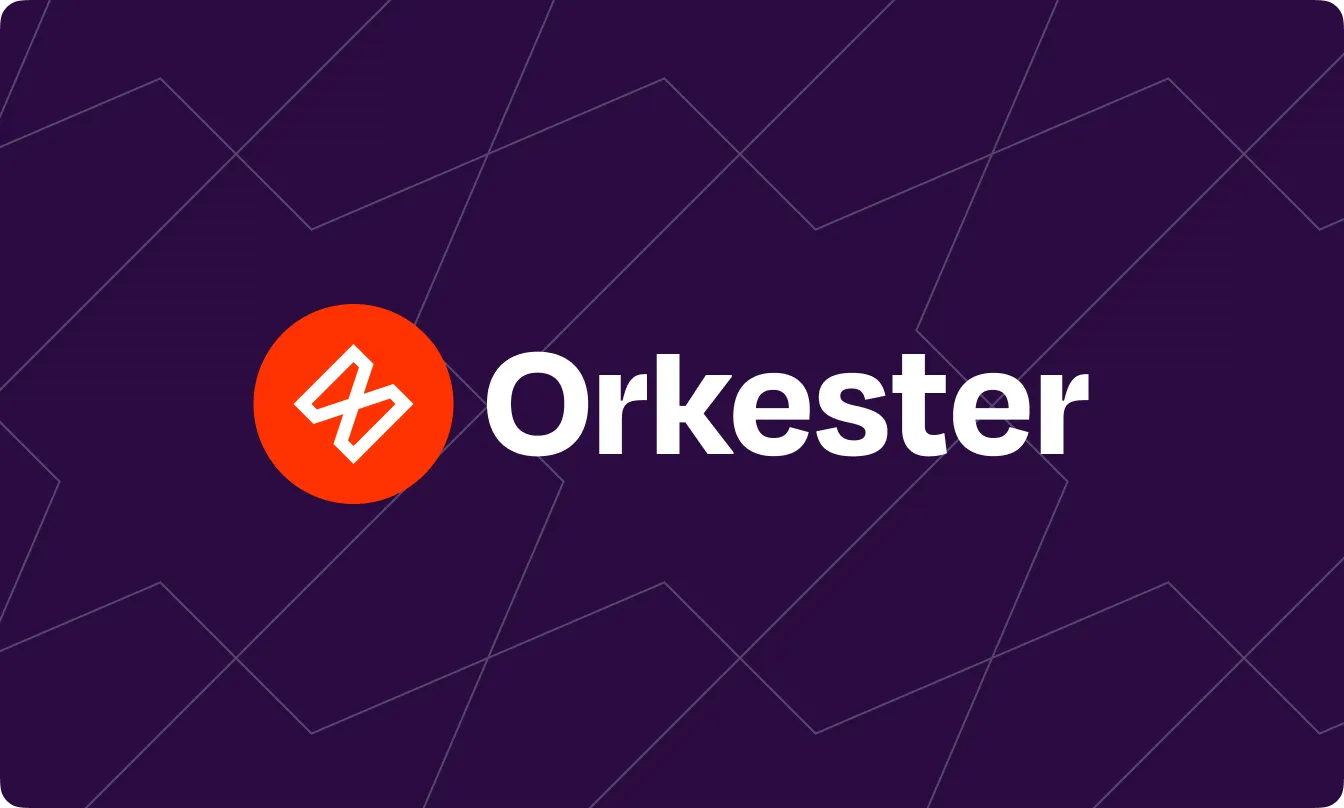 Orkester wordmark logo with a white stylized design inside a red circle on a dark purple geometric background.