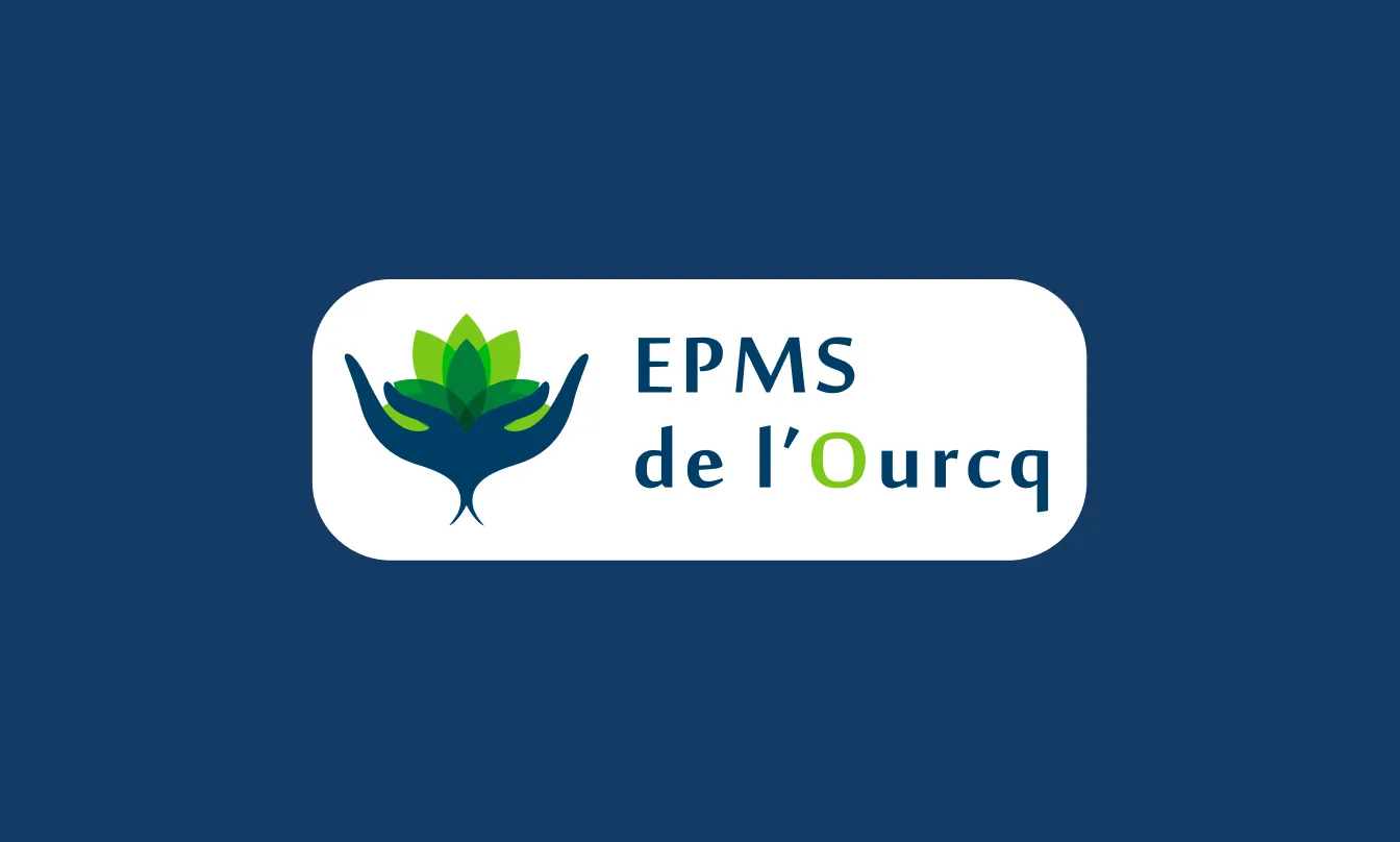 Logo of EPMS de l'Ourcq with graphic of two stylized hands holding green leaves on a dark blue background.