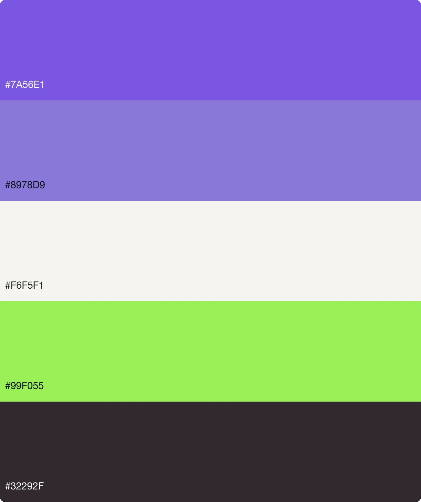 Vertical color swatches showing purple #7A56E1, lavender #8978D9, off-white #F6F5F1, light green #99F055, and dark gray #32292F.