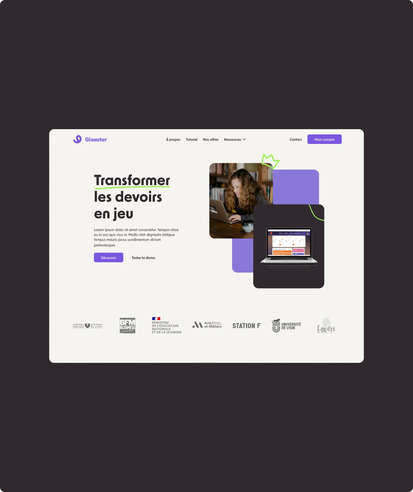Website homepage in French showing 'Transformer les devoirs en jeu' with a girl working on a laptop and a screenshot of an educational platform on another laptop.