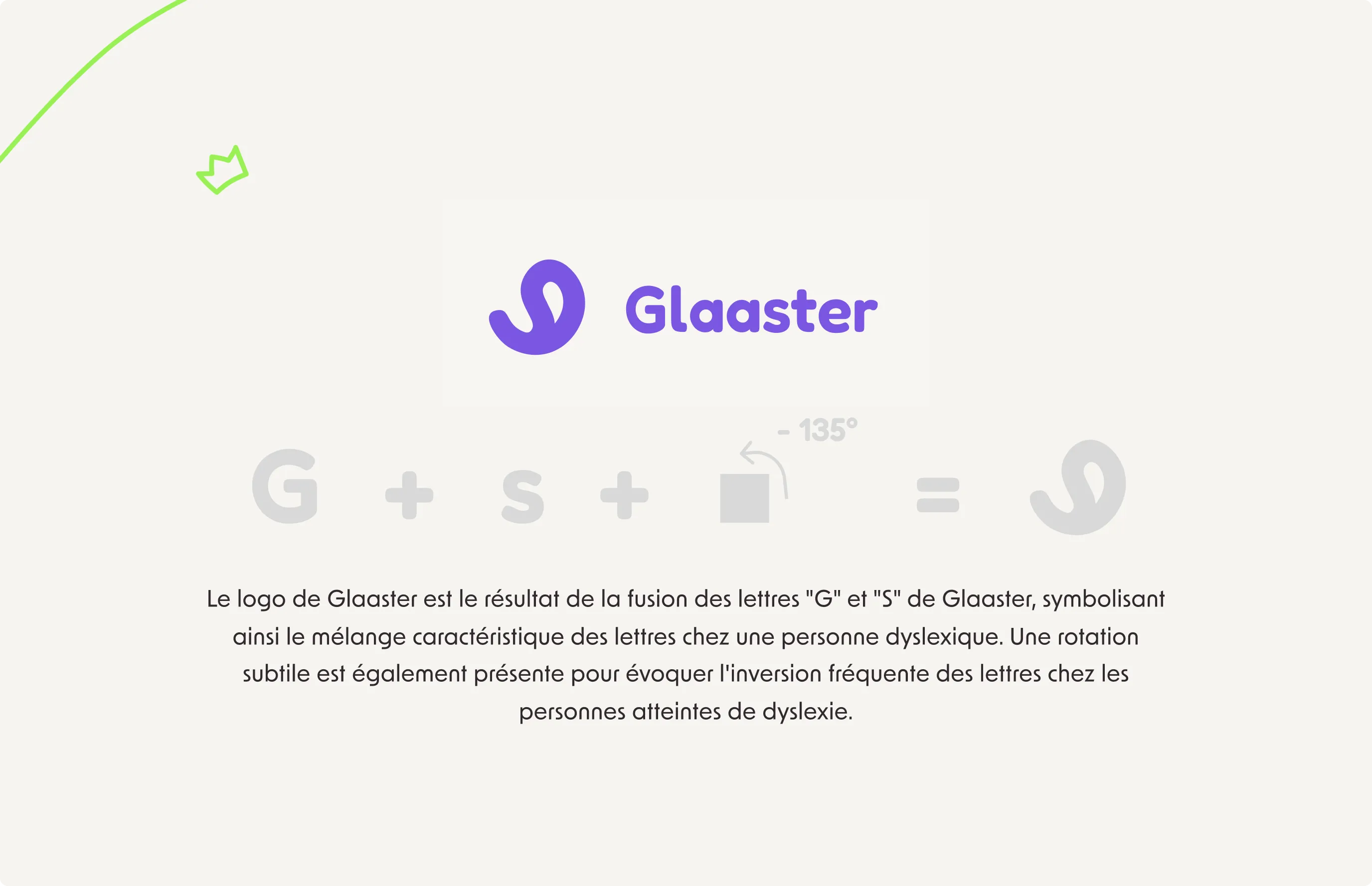 Glaaster logo with purple stylized symbol and text, explained as fusion of letters 'G' and 'S' with 135-degree rotation representing dyslexic letter inversion.