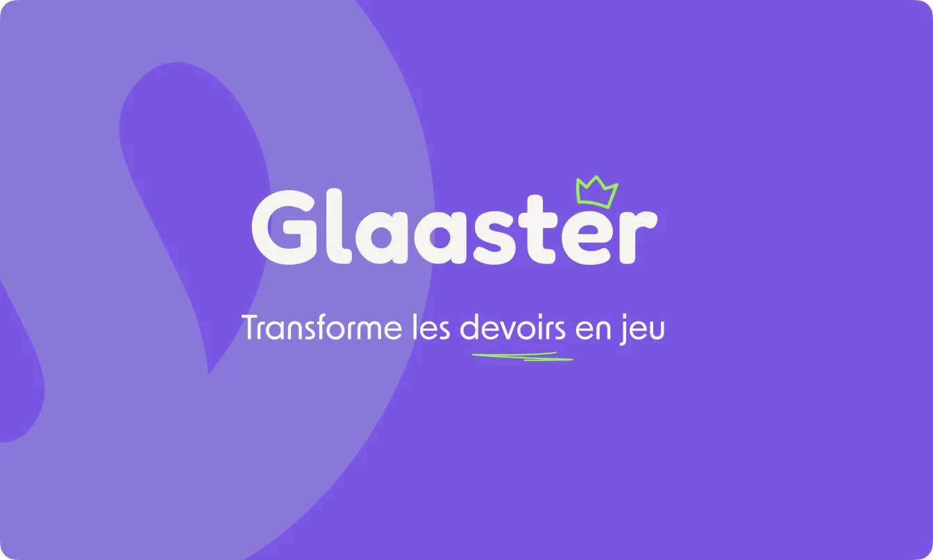 Glaaster logo with a green crown on the letter 't' on a purple background and the phrase 'Transforme les devoirs en jeu' underneath.