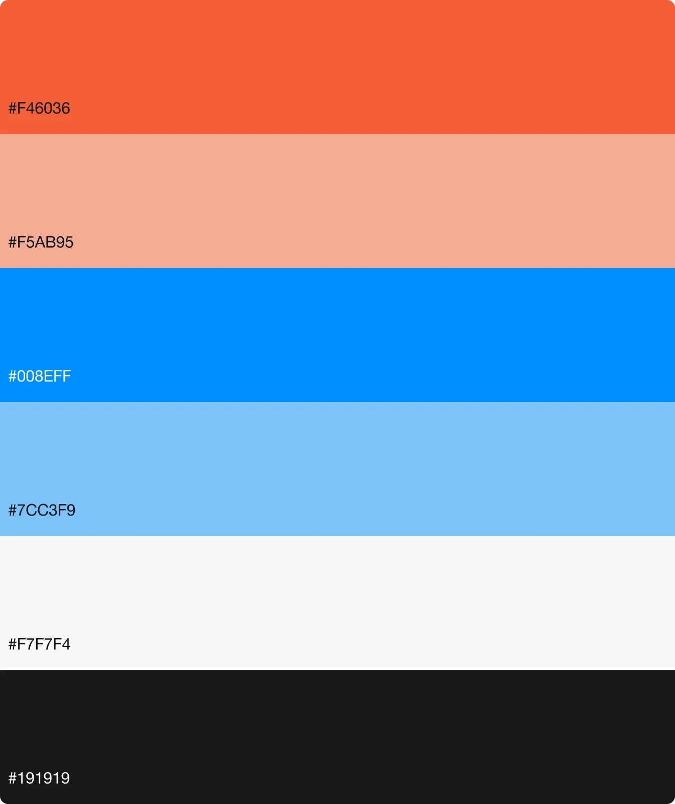 Six horizontal color blocks from top to bottom: bright orange (#F46036), light peach (#F5AB95), bright blue (#008EFF), light sky blue (#7CC3F9), off-white (#F7F7F4), and dark charcoal (#191919).