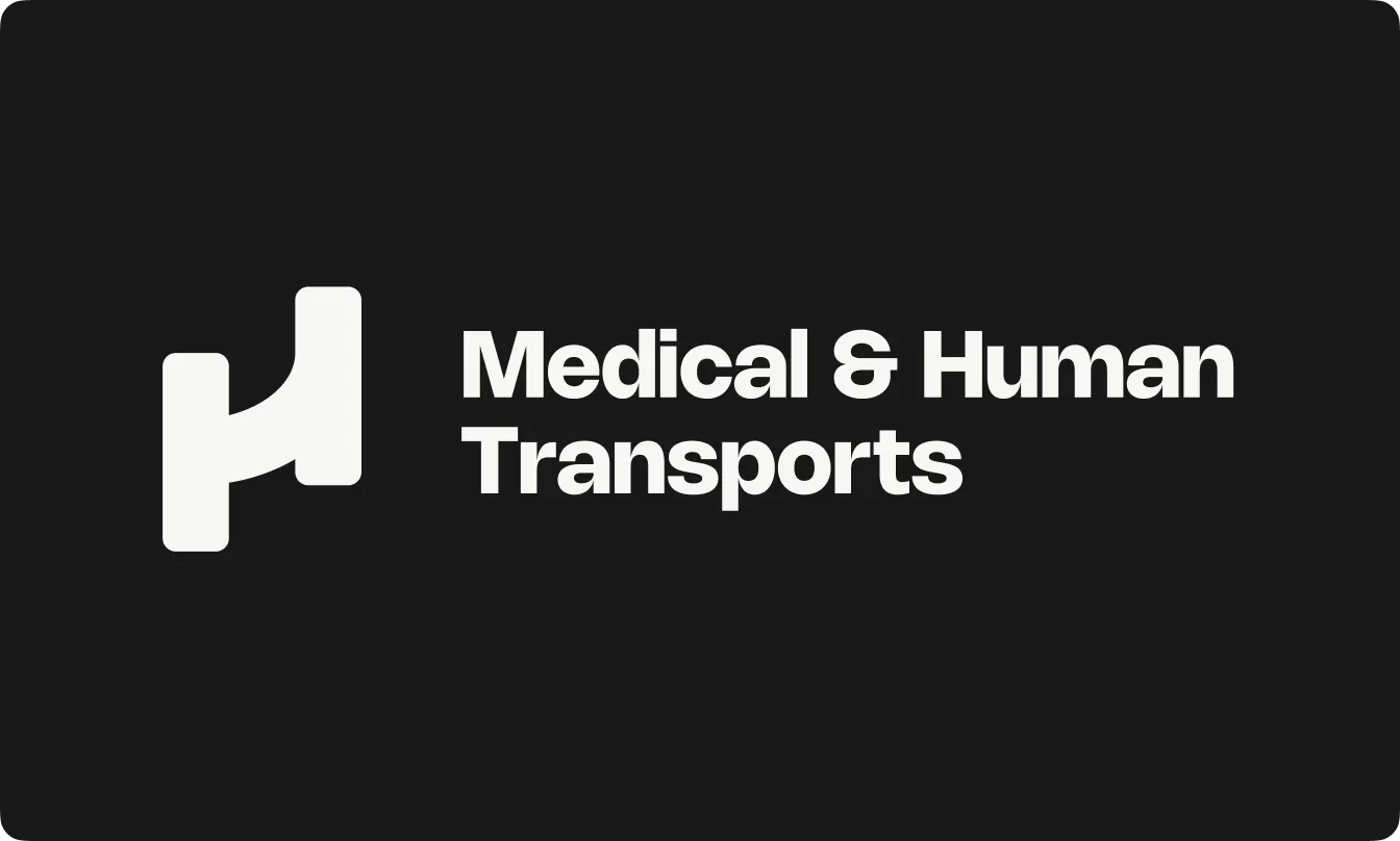 Logo with stylized H and bold text reading Medical & Human Transports on a black background.