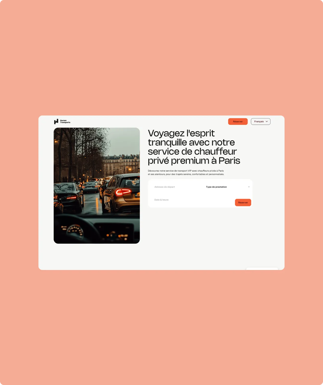 Website homepage featuring a premium private chauffeur service in Paris, showing a traffic scene through a car windshield and a booking form.