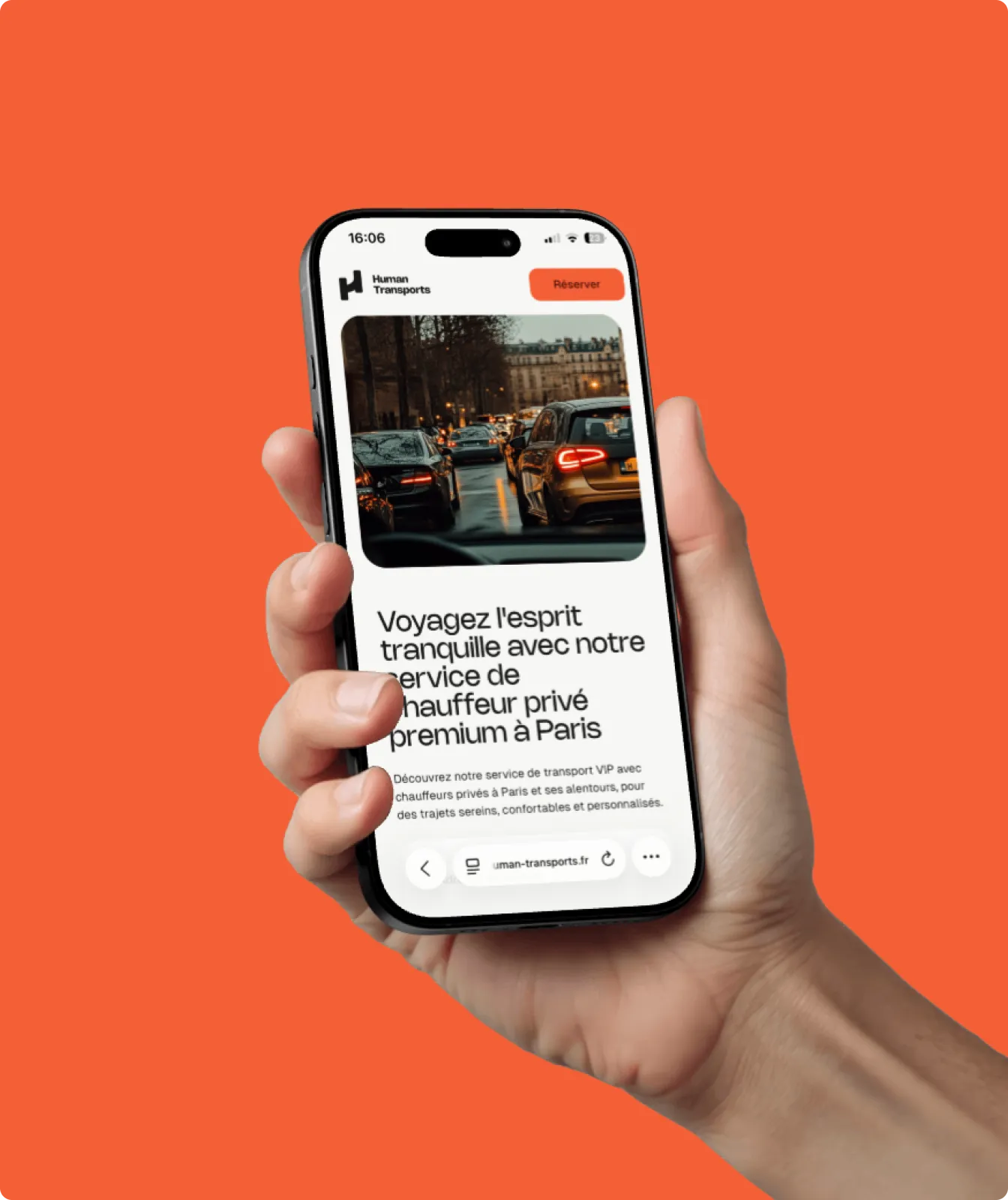 Hand holding smartphone displaying a French website for premium private chauffeur service in Paris with a photo of cars in traffic.