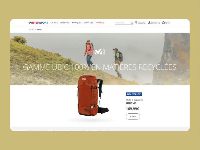 Website page showing Millet's UBIC 40 recycled material backpack priced at 169.99€ with two hikers walking on a grassy hill in the background.