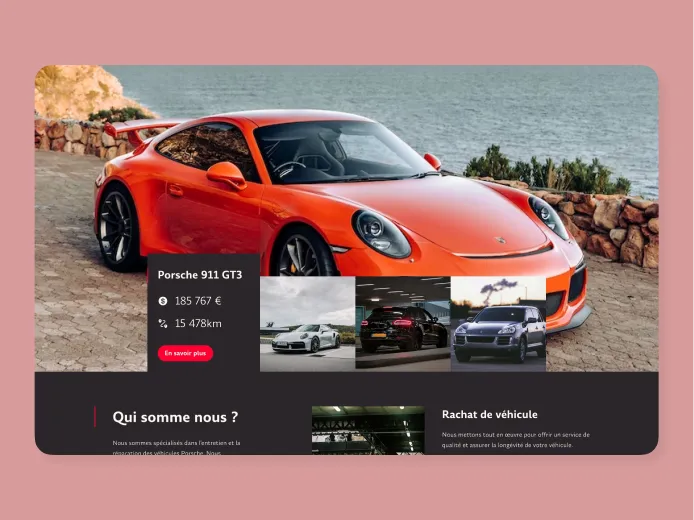 Orange Porsche 911 GT3 parked on a stone driveway with sea and stone wall in the background, displaying price 185,767 € and mileage 15,478 km.