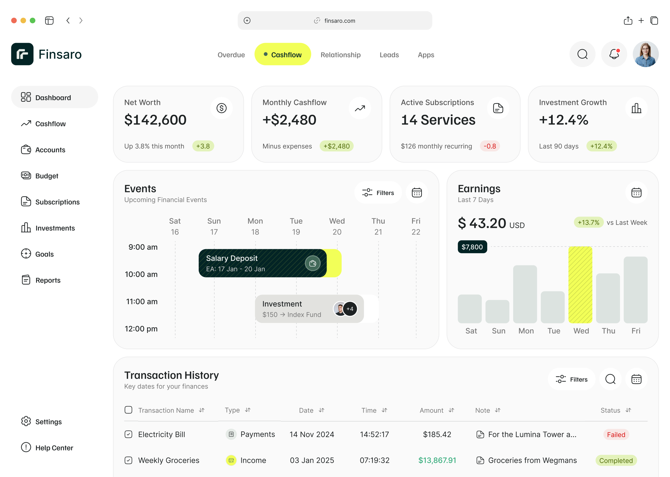Finsaro dashboard showing net worth $142,600, monthly cashflow +$2,480, 14 active subscriptions, investment growth +12.4%, financial events calendar, earnings chart for last 7 days, and transaction history with payments and income status.