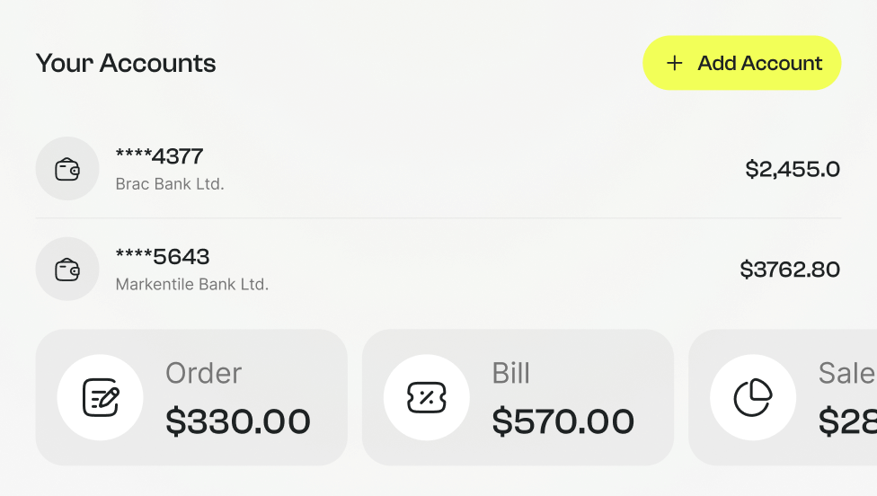 Dashboard showing two bank accounts with balances, and buttons for adding account, ordering $330, paying a $570 bill, and sales $286.