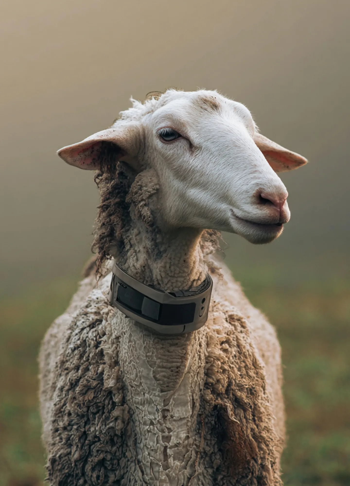 Close-up of a sheep with a dirty white and brown wool coat wearing a black collar, against a blurred natural background.