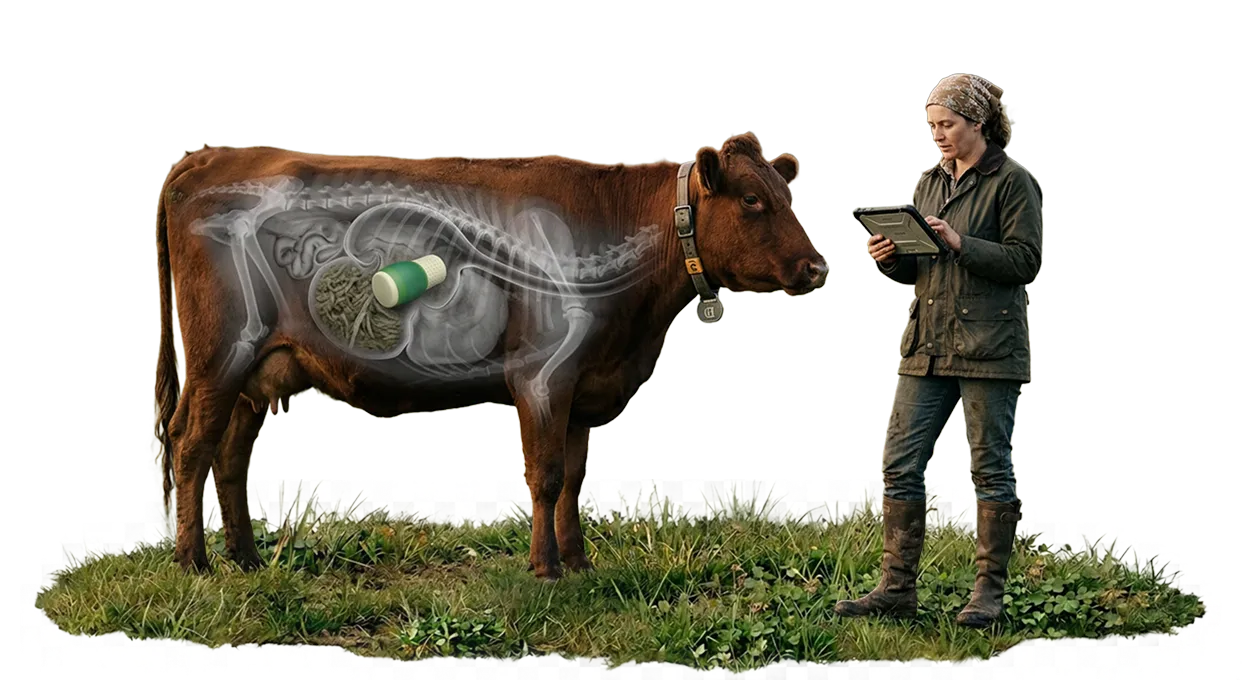 Farmer standing on grass using a tablet with a transparent cow showing an X-ray effect highlighting internal organs and a medicine capsule inside.