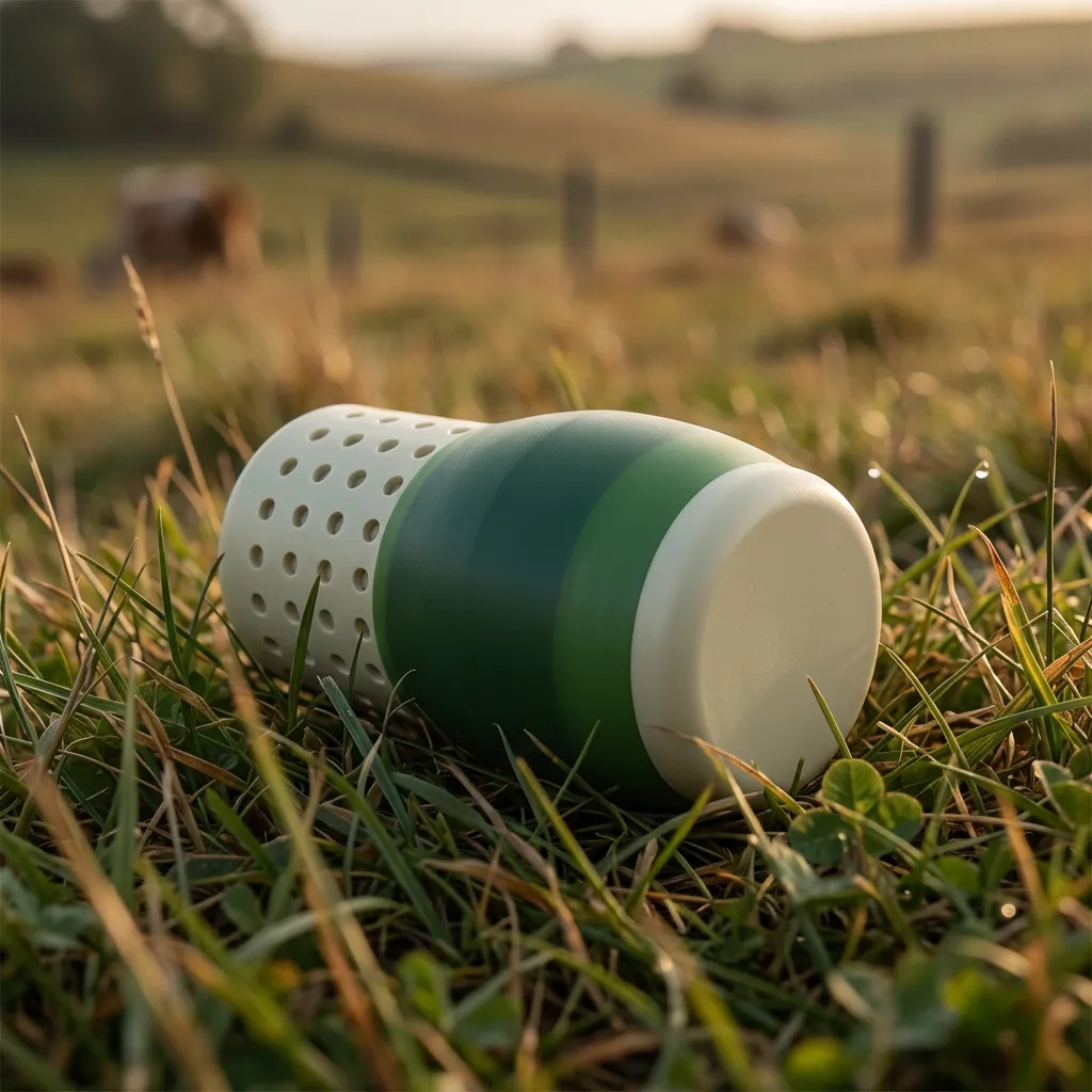 A small green and white cylindrical object with holes lying on grass in a rural field during golden hour.