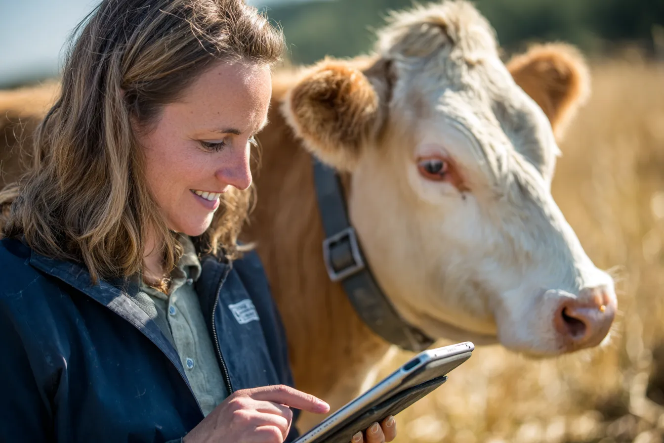 Smiling woman using a tablet outside near a brown and white cow in a sunny field.