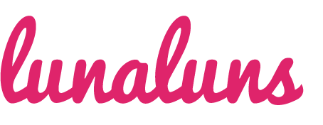 Lunaluns logo is a cursive rendition of the word in a reddish pink colour