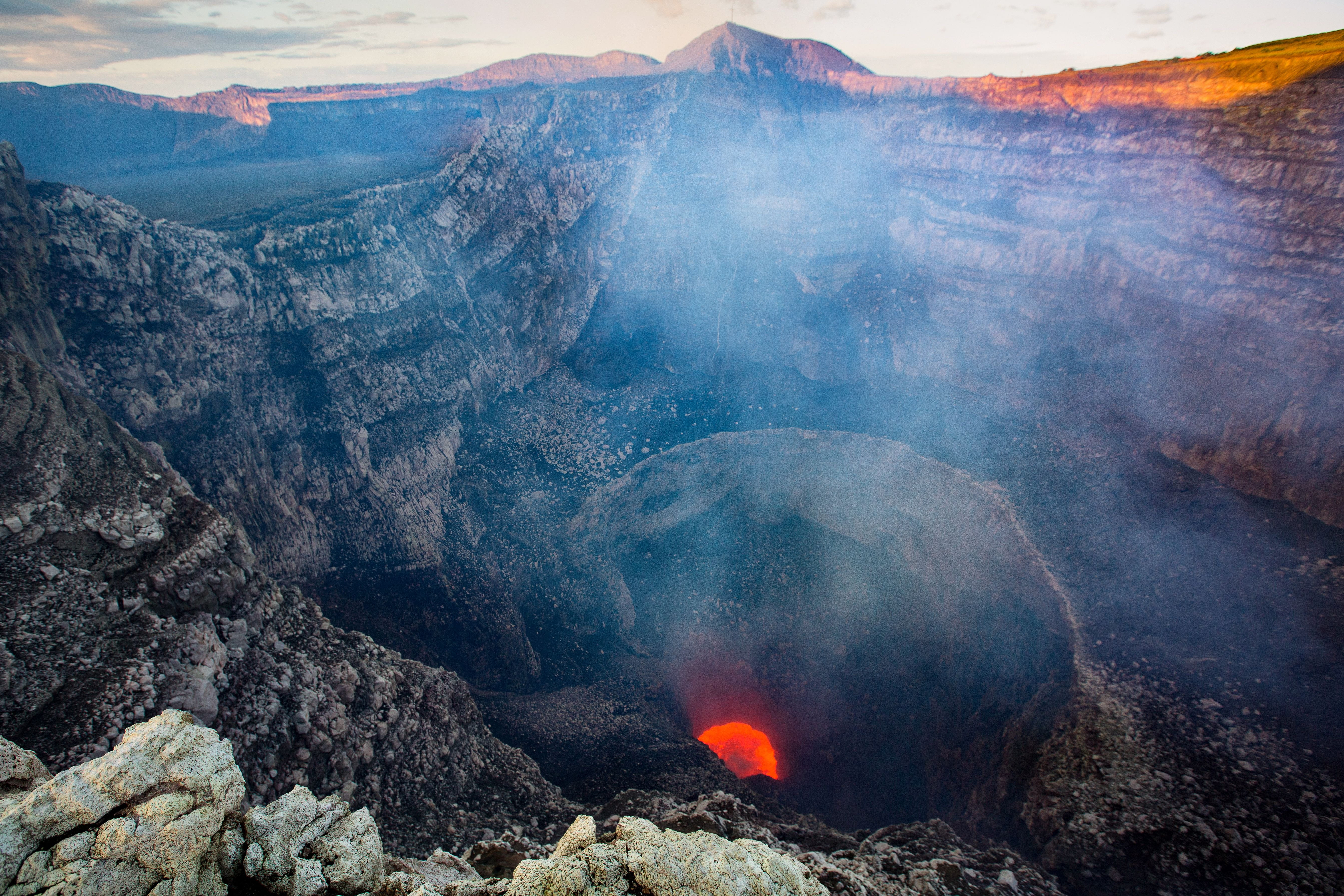 Glowing lava inside the active Santiago Crater at Masaya Volcano, Nicaragua
