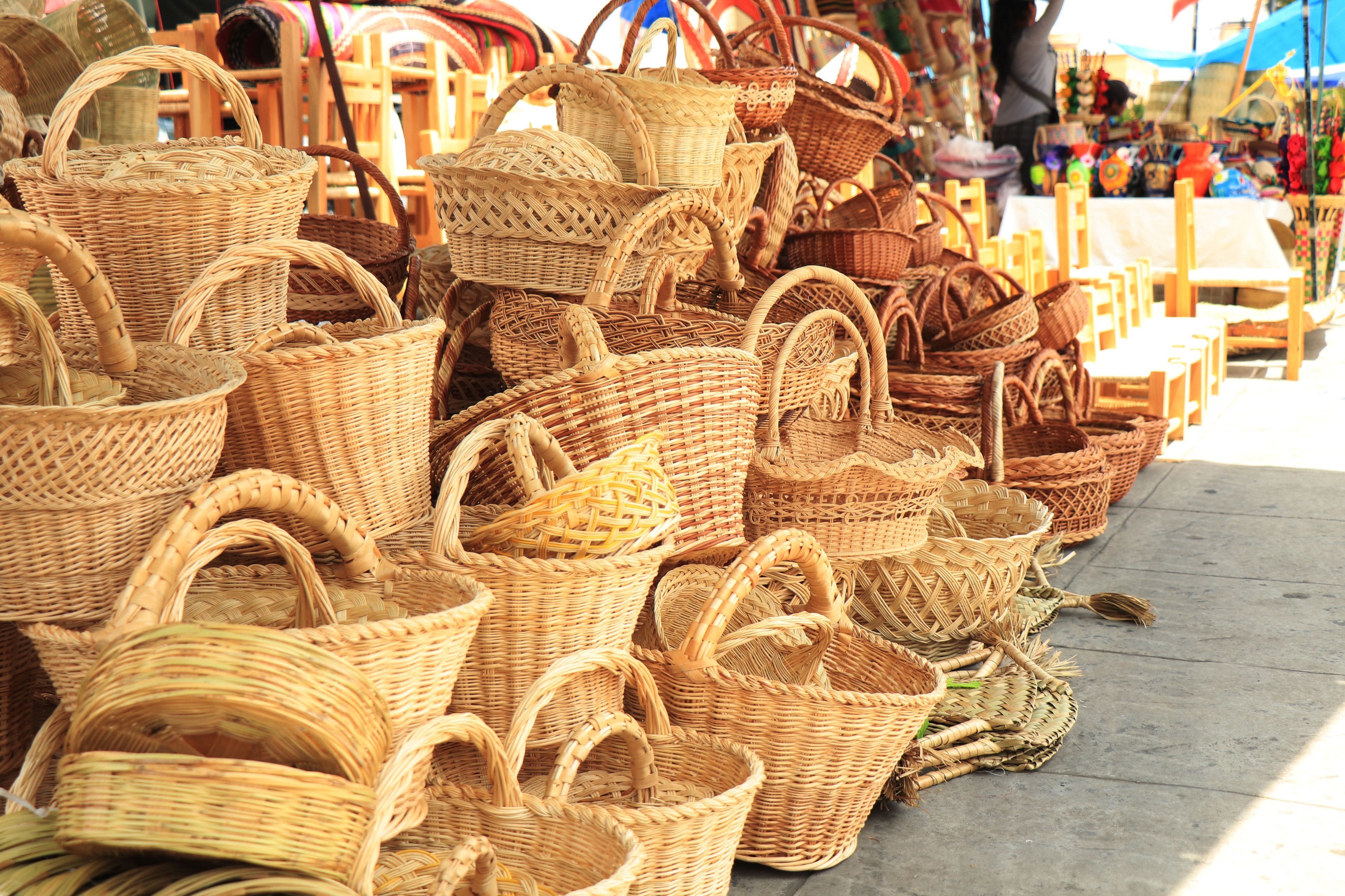 Woven baskets and handicrafts on a stall at a Nicaraguan craft market