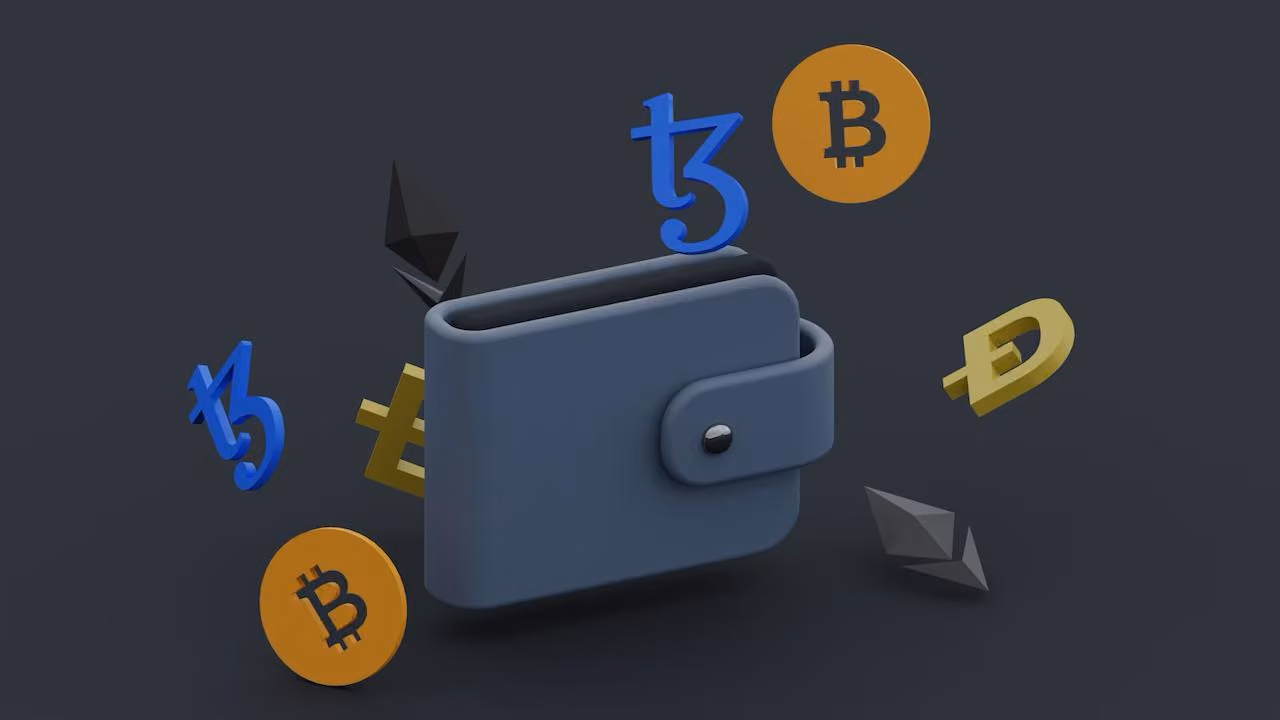 Bitcoins spilling out of an open leather wallet