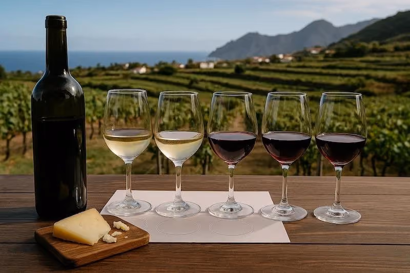 Wine tasting flight with white and red wines, cheese, and vineyard views in Tacoronte-Acentejo, Tenerife.
