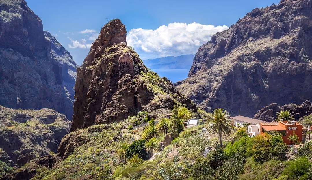 Masca village nestled among dramatic rocky cliffs, Tenerife