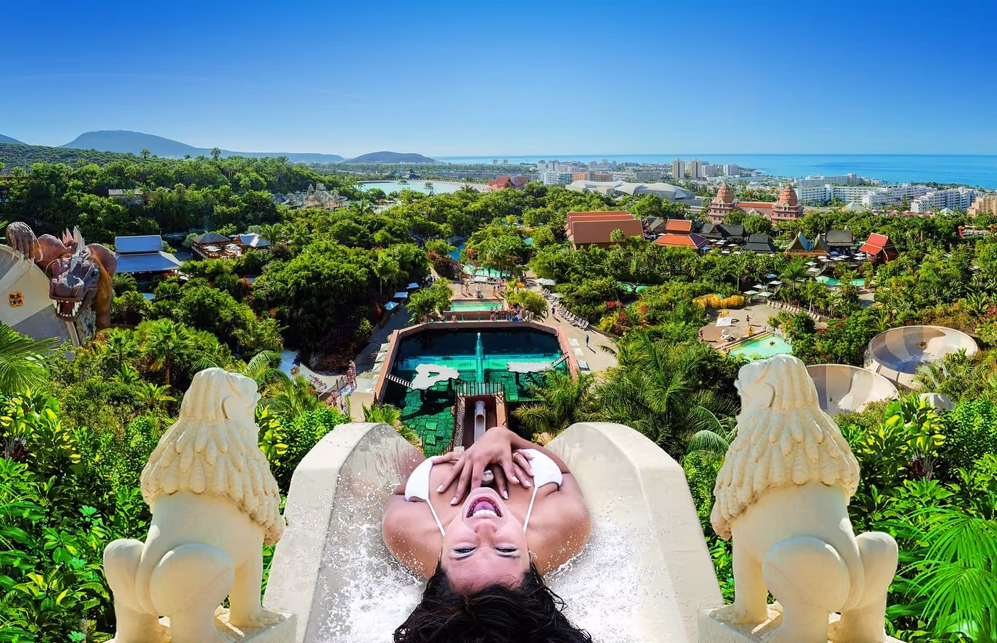 Siam Park with aerial view of the Thai-themed water park, Tenerife.