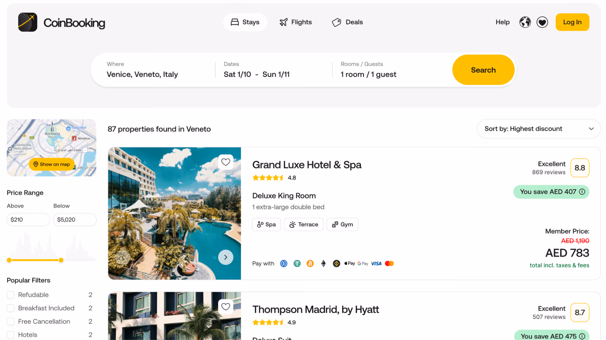 CoinBooking Dubai travel platform hotel search interface