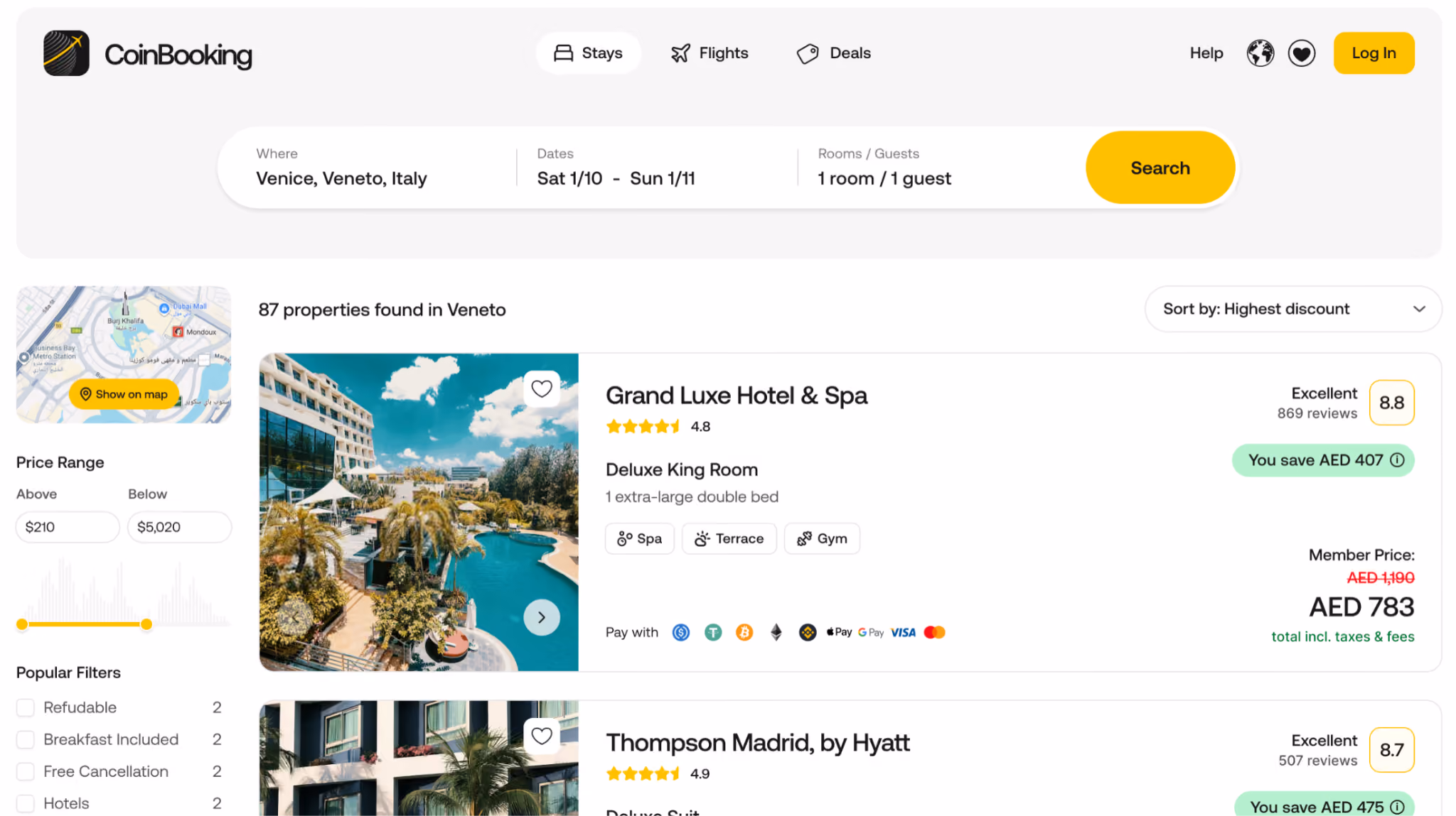 CoinBooking Dubai travel platform hotel search interface