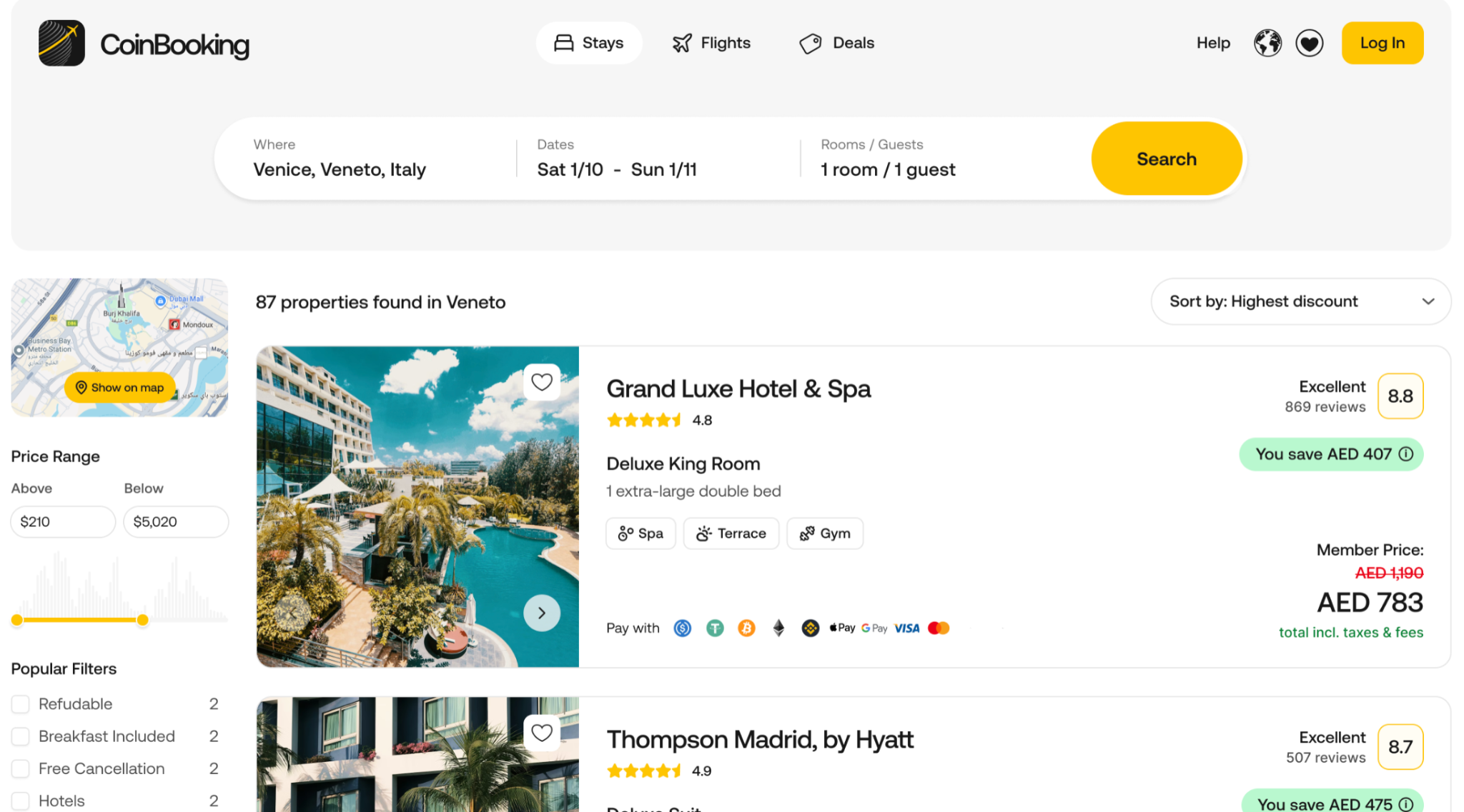 CoinBooking Dubai travel platform hotel search interface