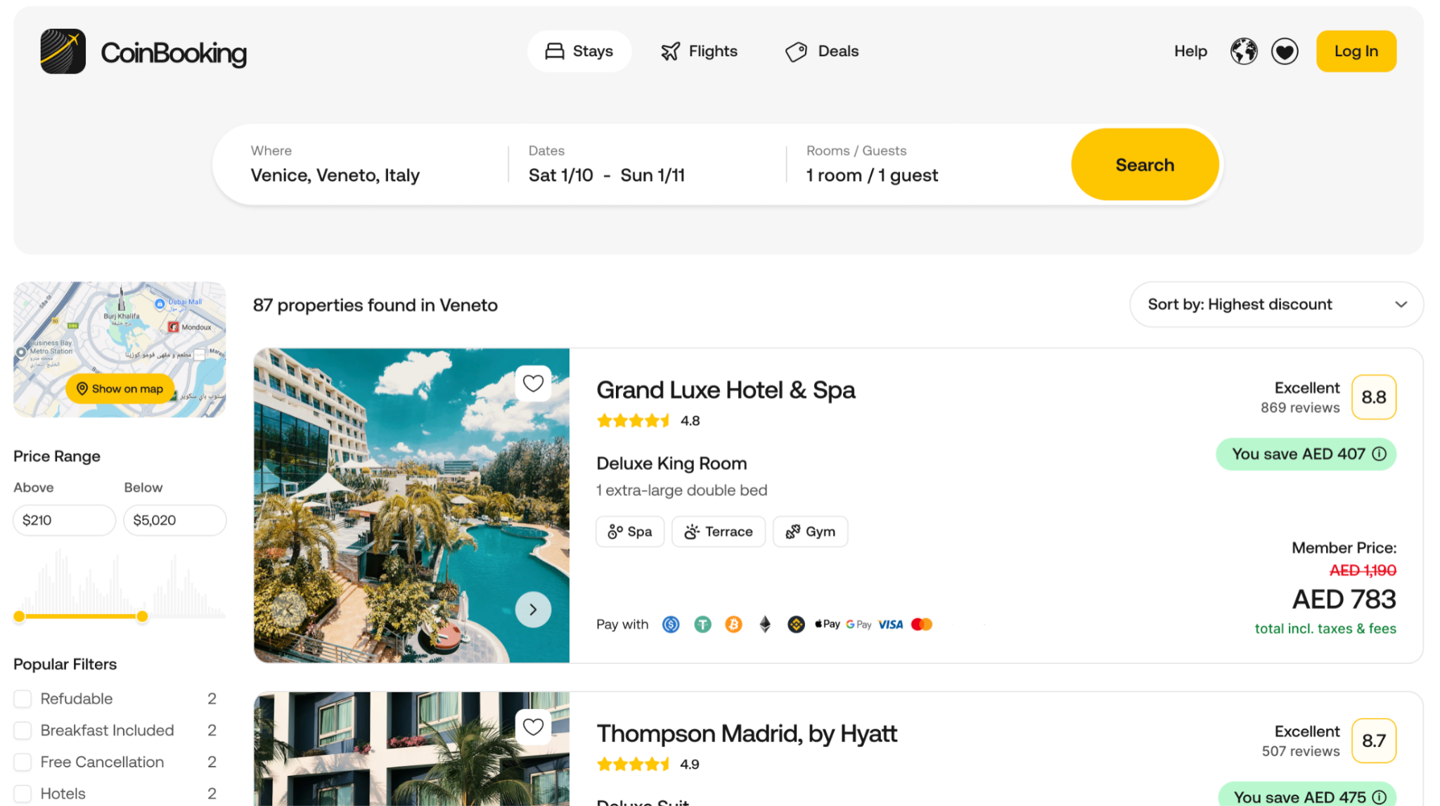 CoinBooking Dubai travel platform hotel search interface