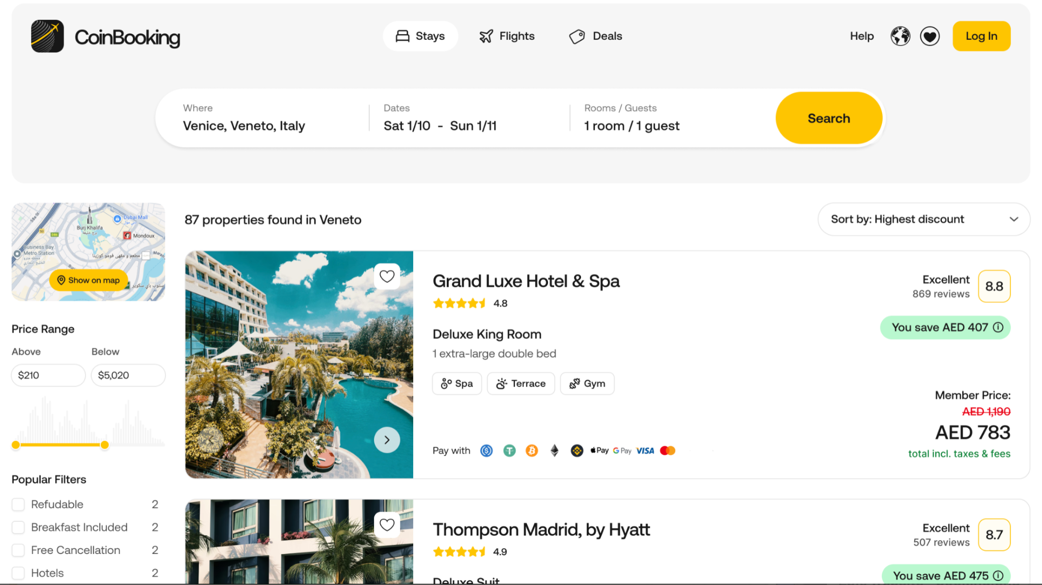CoinBooking Dubai travel platform hotel search interface