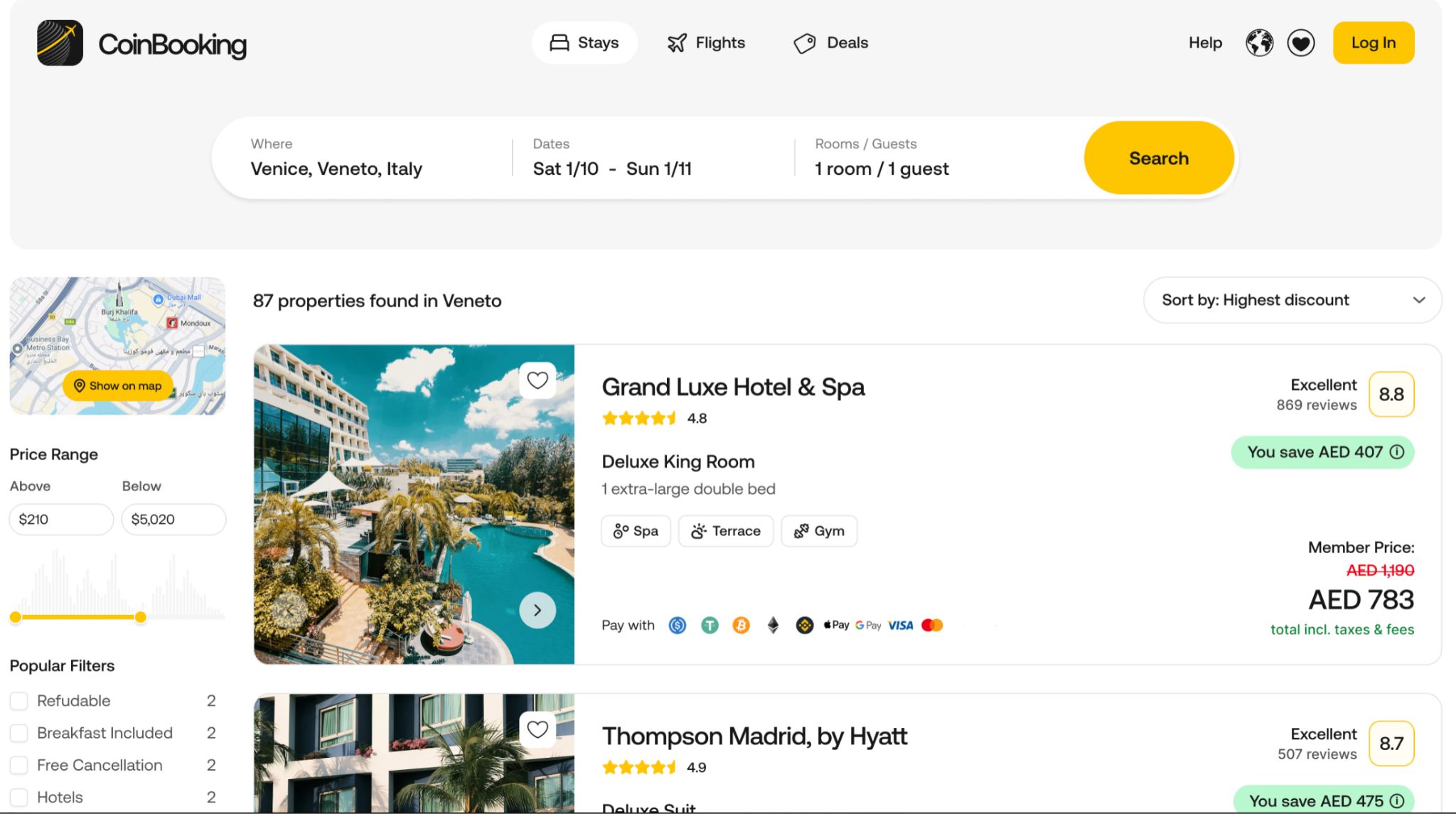 CoinBooking Dubai travel platform hotel search interface