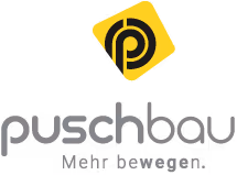 Logo mit gelbem Quadrat und stilisiertem P über 'puschbau' und dem Text 'Mehr bewegen.'