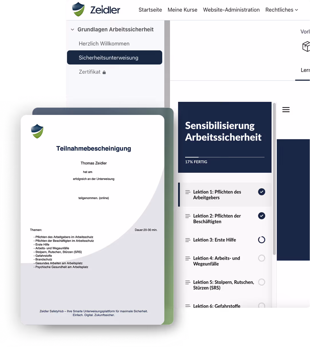 Ausschnitt aus dem Zeidler SafetyHub mit Einblick in eine digitale Unterweisung und rechtskonformes Teilnahmezertifikat.