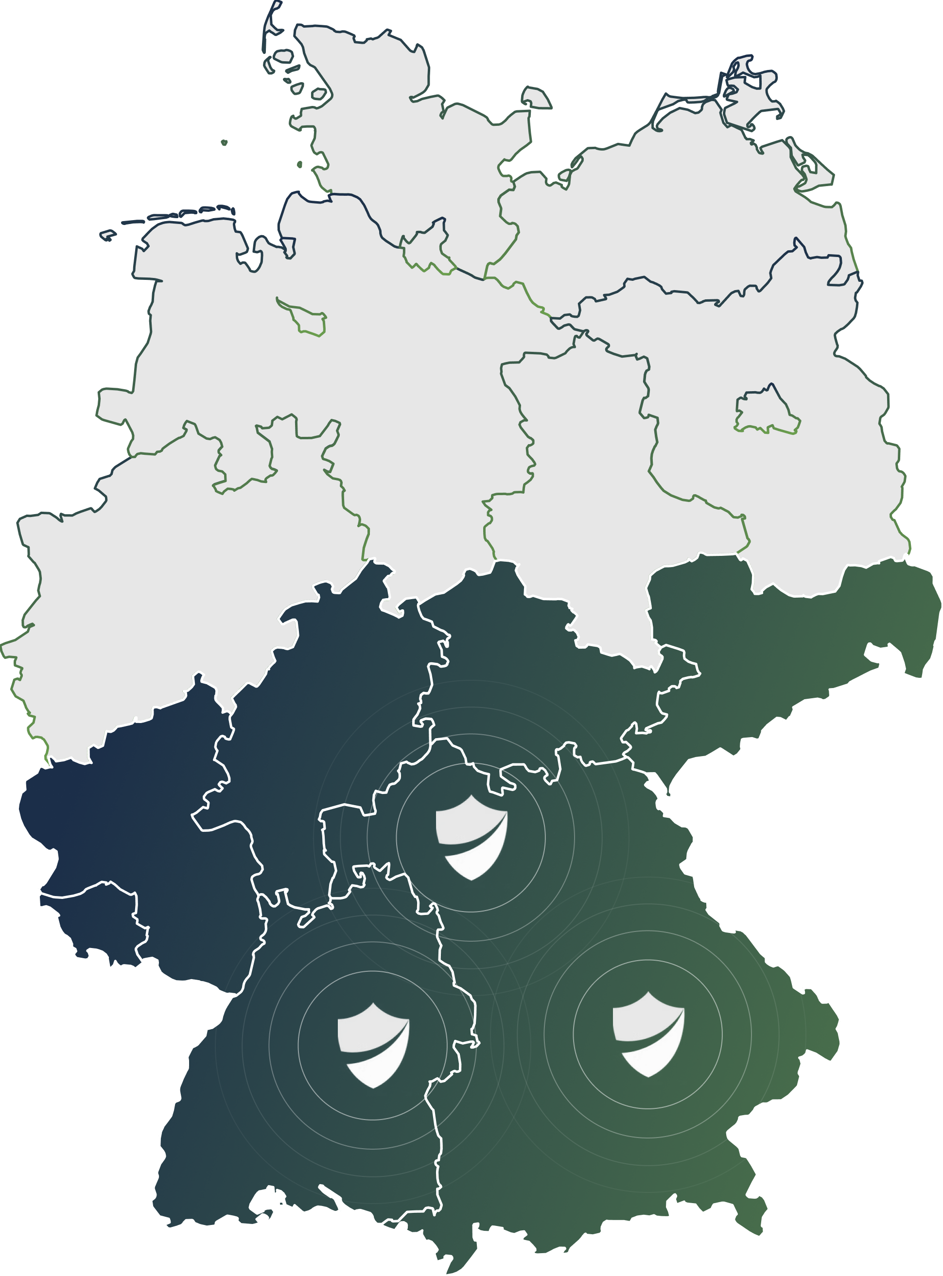 Karte von Deutschland mit drei hervorgehobenen südlichen Bundesländern und weißen Schutzschild-Symbolen.