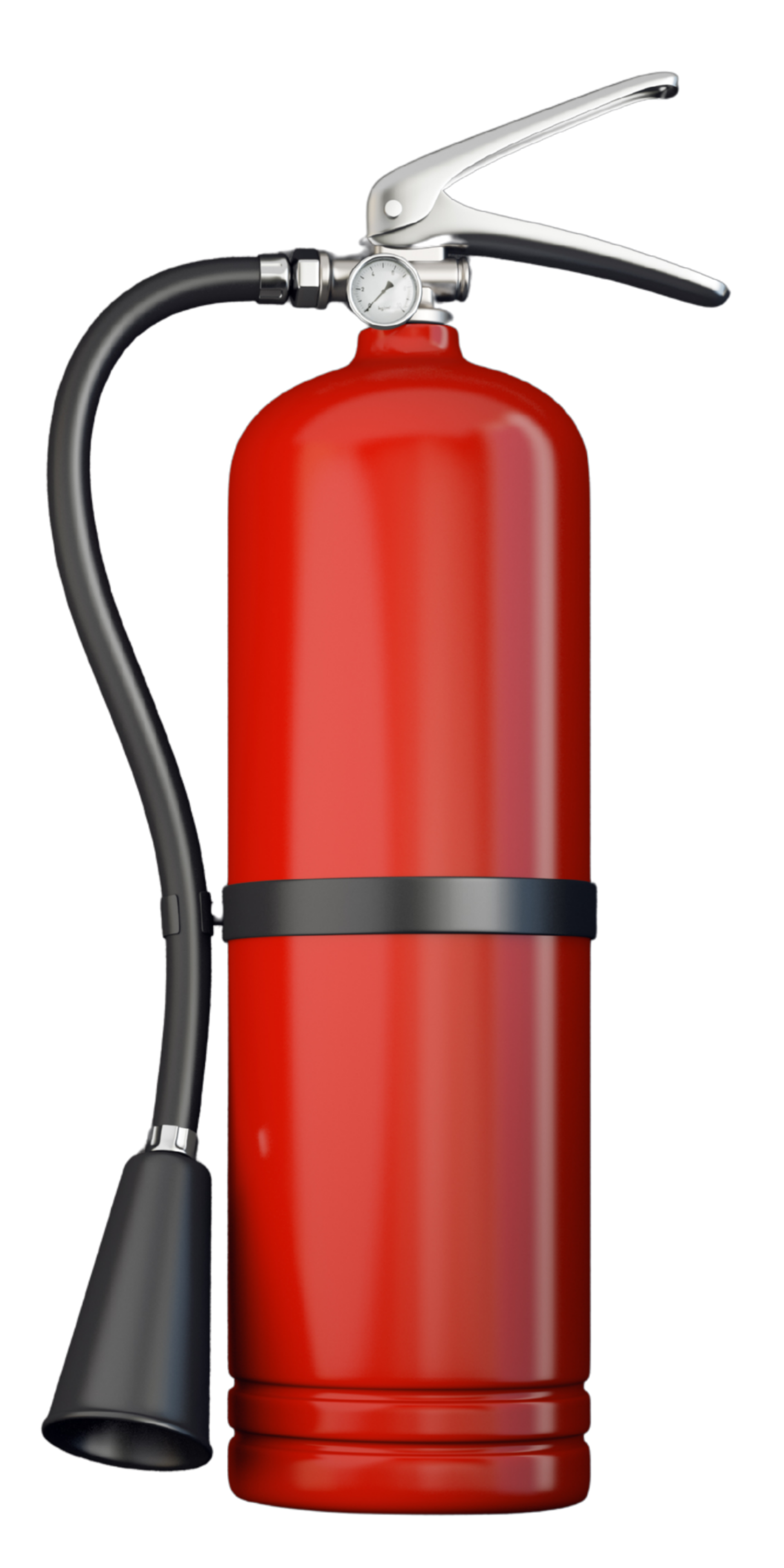 Roter Feuerlöscher mit schwarzem Schlauch und Manometer auf schwarzem Hintergrund.