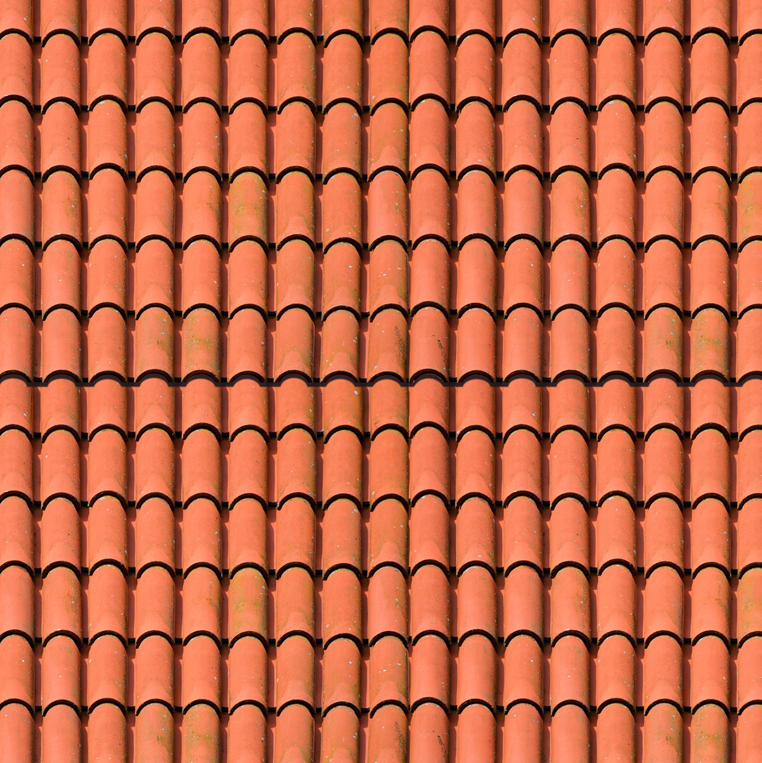 Dak bedekt met oranje terracotta dakpannen in regelmatig patroon.