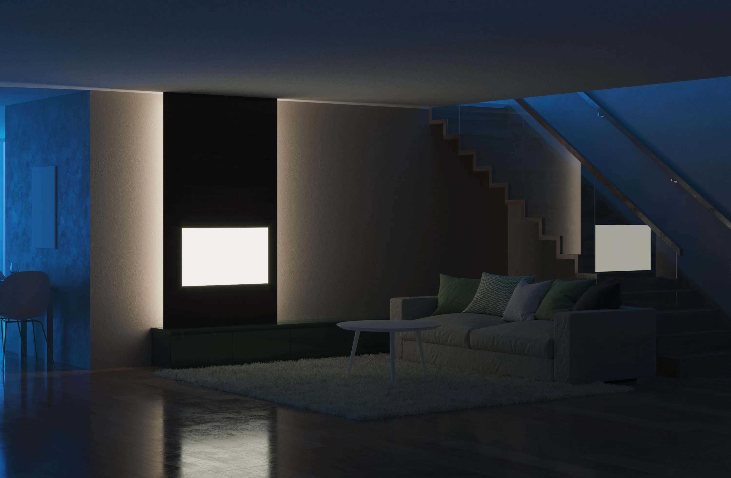 Hämärä olohuone, jossa sohva, matto, portaat ja valaistu TV-seinä.