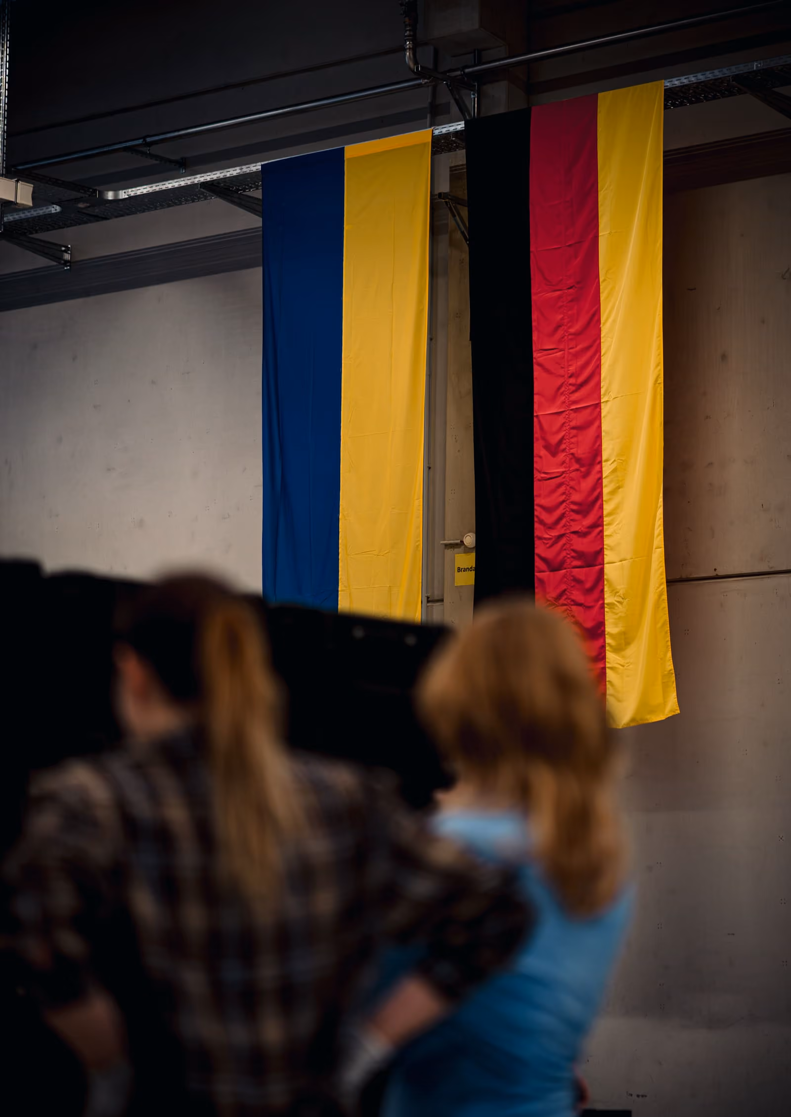 Two flags hanging indoors: Ukraine's blue and yellow flag and Germany's black, red, and yellow flag.