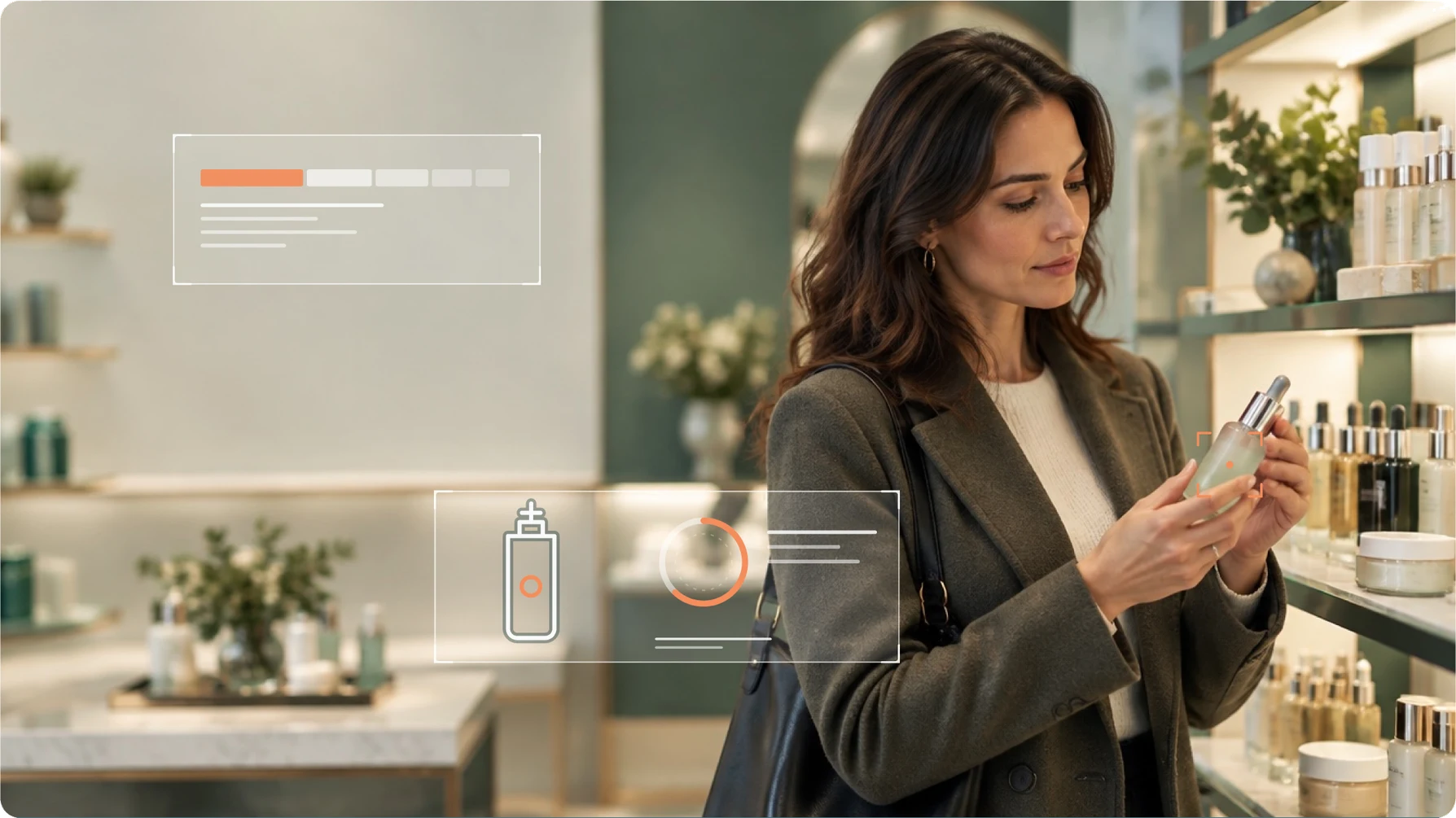Shopper examining a skincare serum in a beauty store with YipitData insight overlays