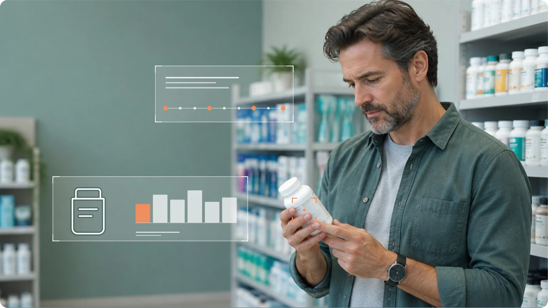 Shopper reading a supplement bottle in a pharmacy aisle with YipitData insight overlays