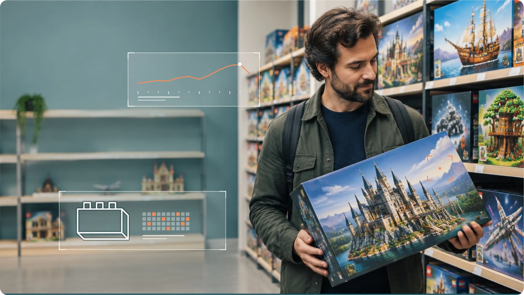 Shopper holding a building-set box in a toy aisle with YipitData insight overlays