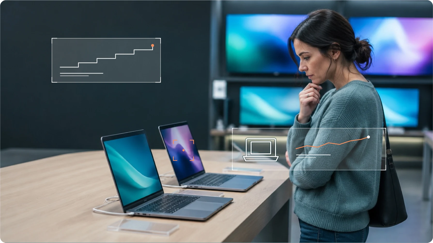 Shopper comparing laptops in an electronics store with YipitData insight overlays