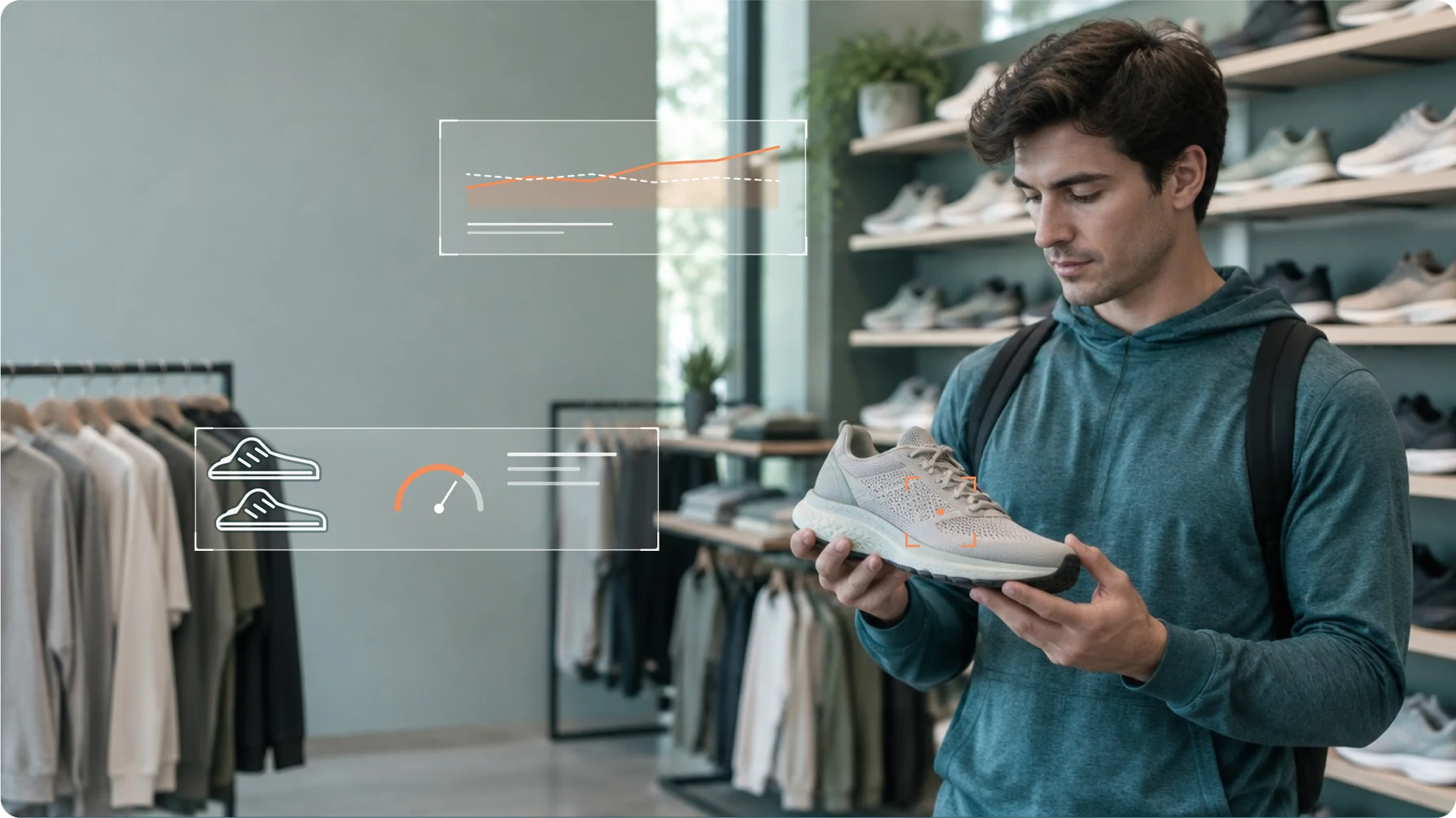 Shopper examining a sneaker in an apparel store with YipitData insight overlays