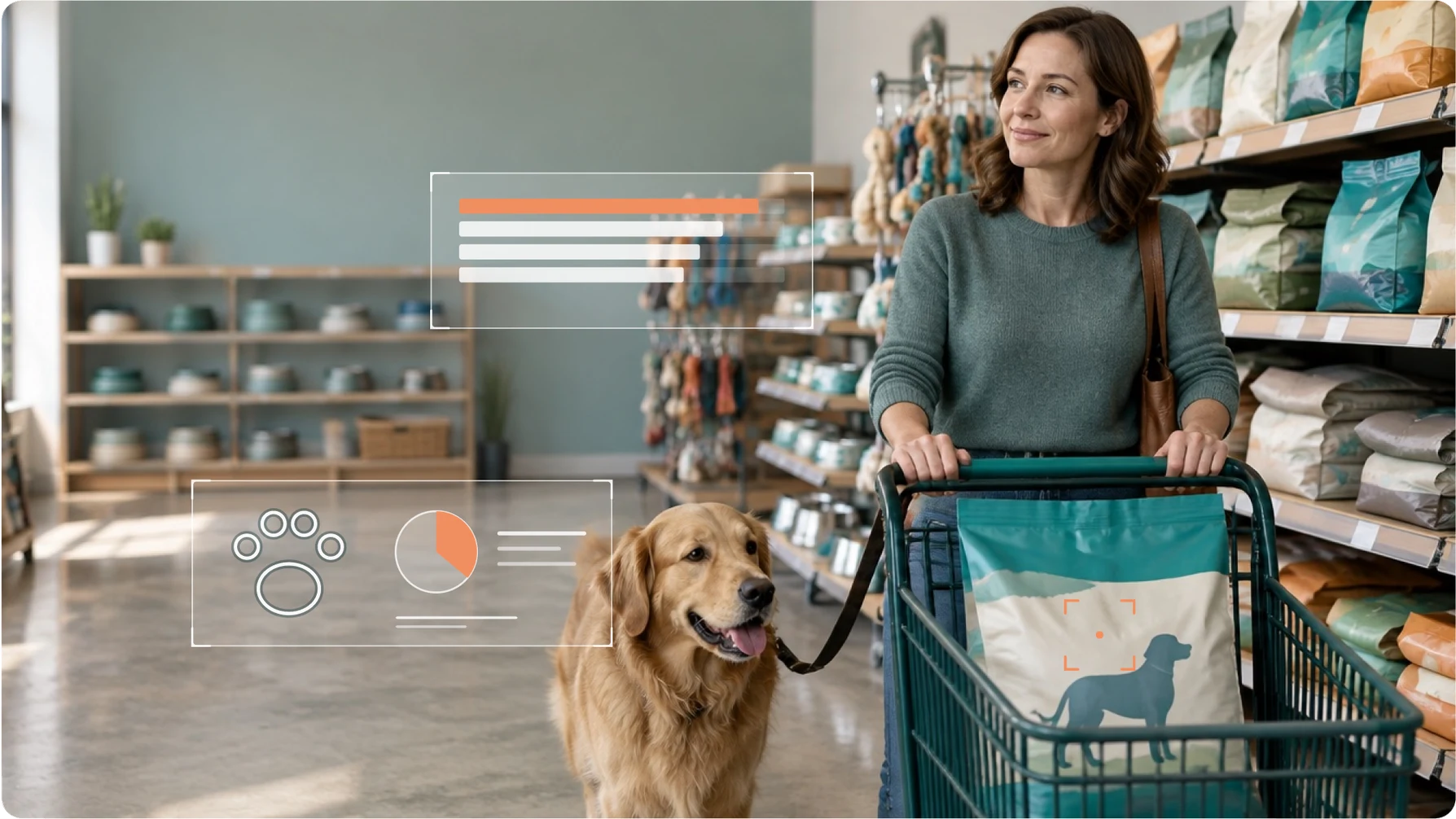 Shopper with her dog and cart in a pet store aisle with YipitData insight overlays