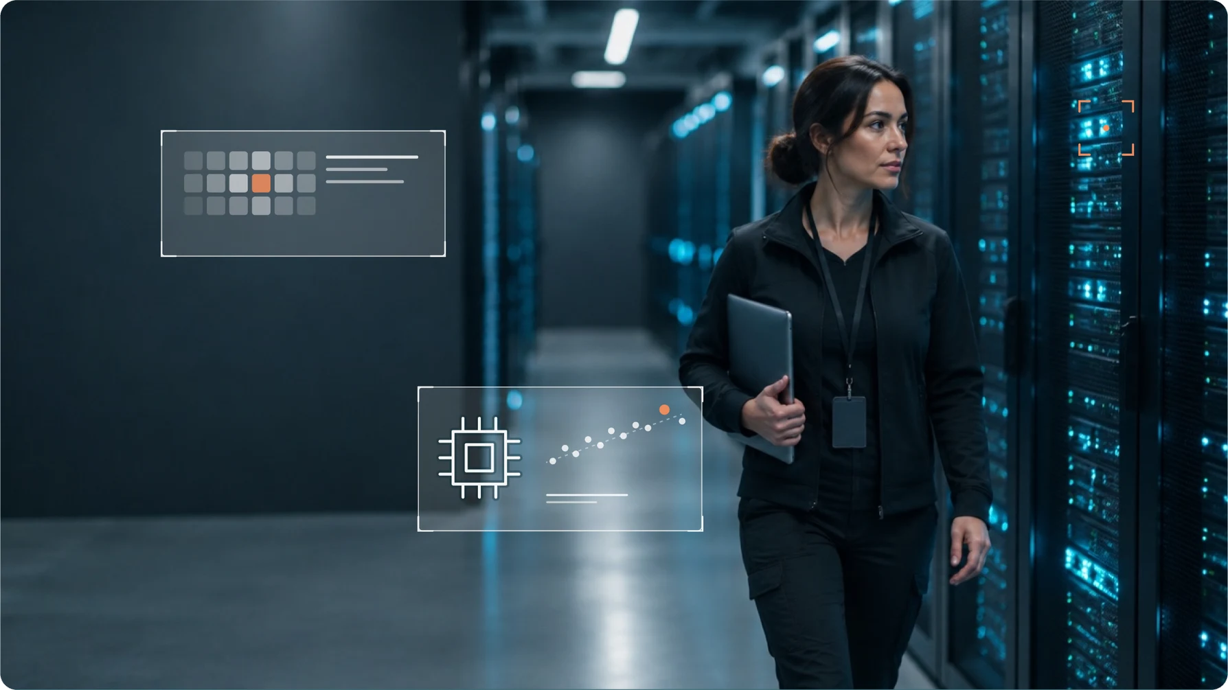 Technician walking through a data center with YipitData insight overlays
